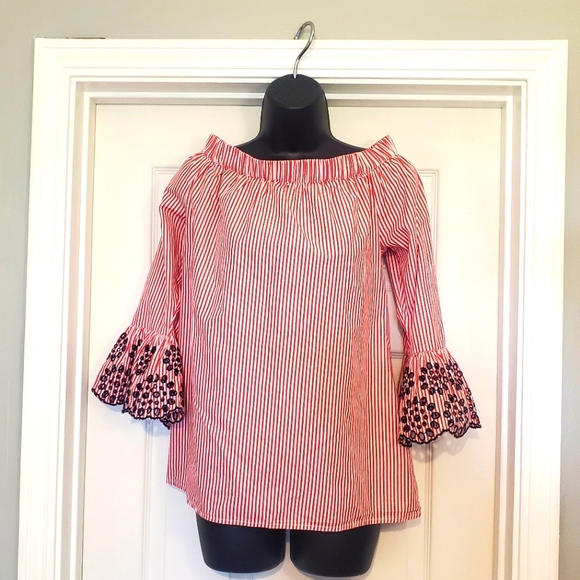 Striped Cotton Off The Shoulder Bell Sleeve Top - Picture 1 of 8